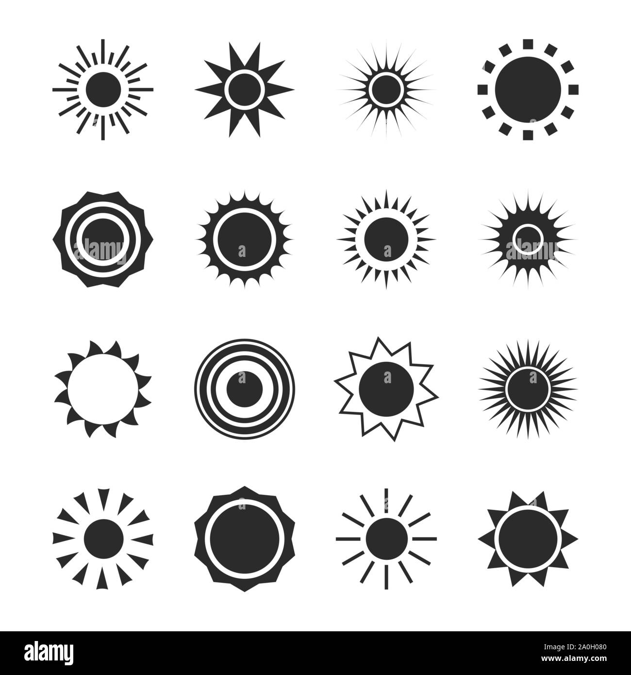 Sun silhouette icon set. Summer black circle shapes. Nature, sky heat ...