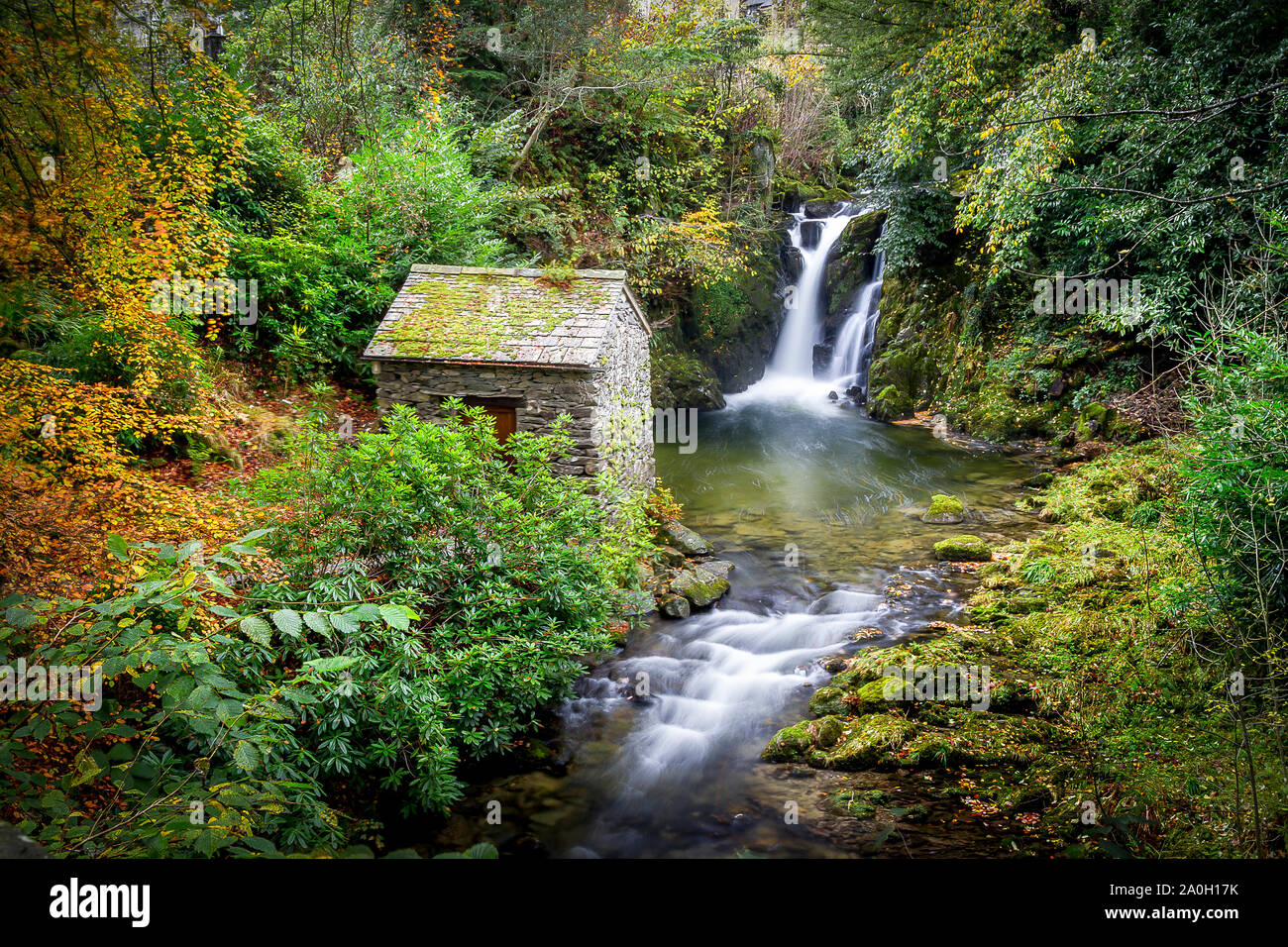 The Grot and Waterfall, Rydal Hall, Cumbria. Stock Photo