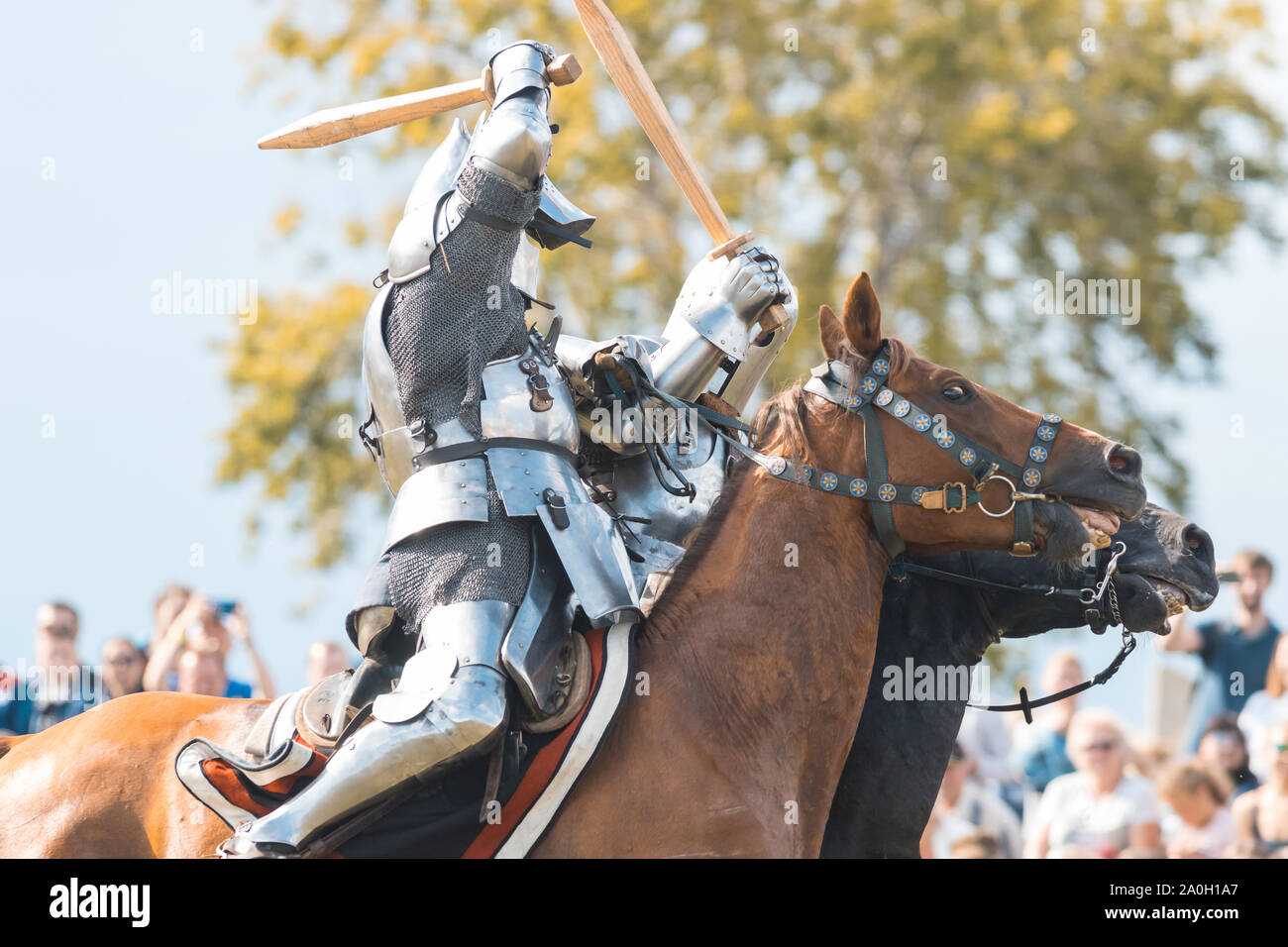 BULGAR, RUSSIA 11-08-2019: Knights having a fight on the wooden swords Stock Photo