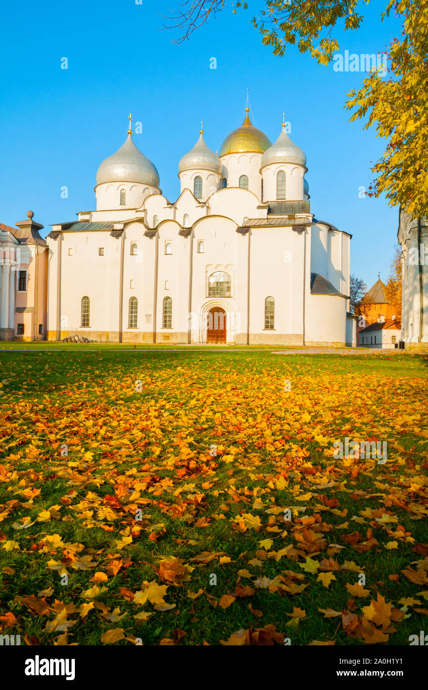 Veliky Novgorod Russia. St Sophia Cathedral and fallen autumn leaves on the foreground in Novgorod, Russia. Focus at the cathedral. Architecture autum Stock Photo