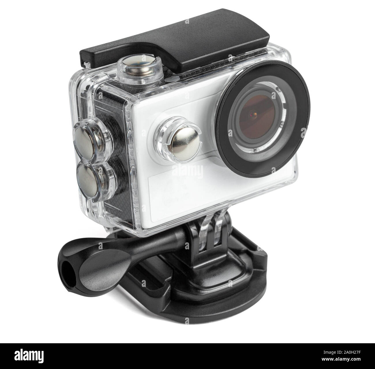 Action camera in a waterproof box isolated on white background. Stock Photo