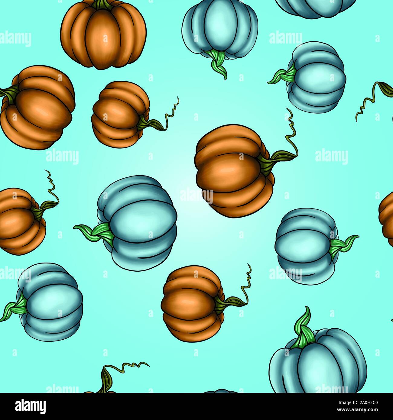 Vector illustration colored autumn seamless pattern vegetables pumpkins on the blue background Stock Vector