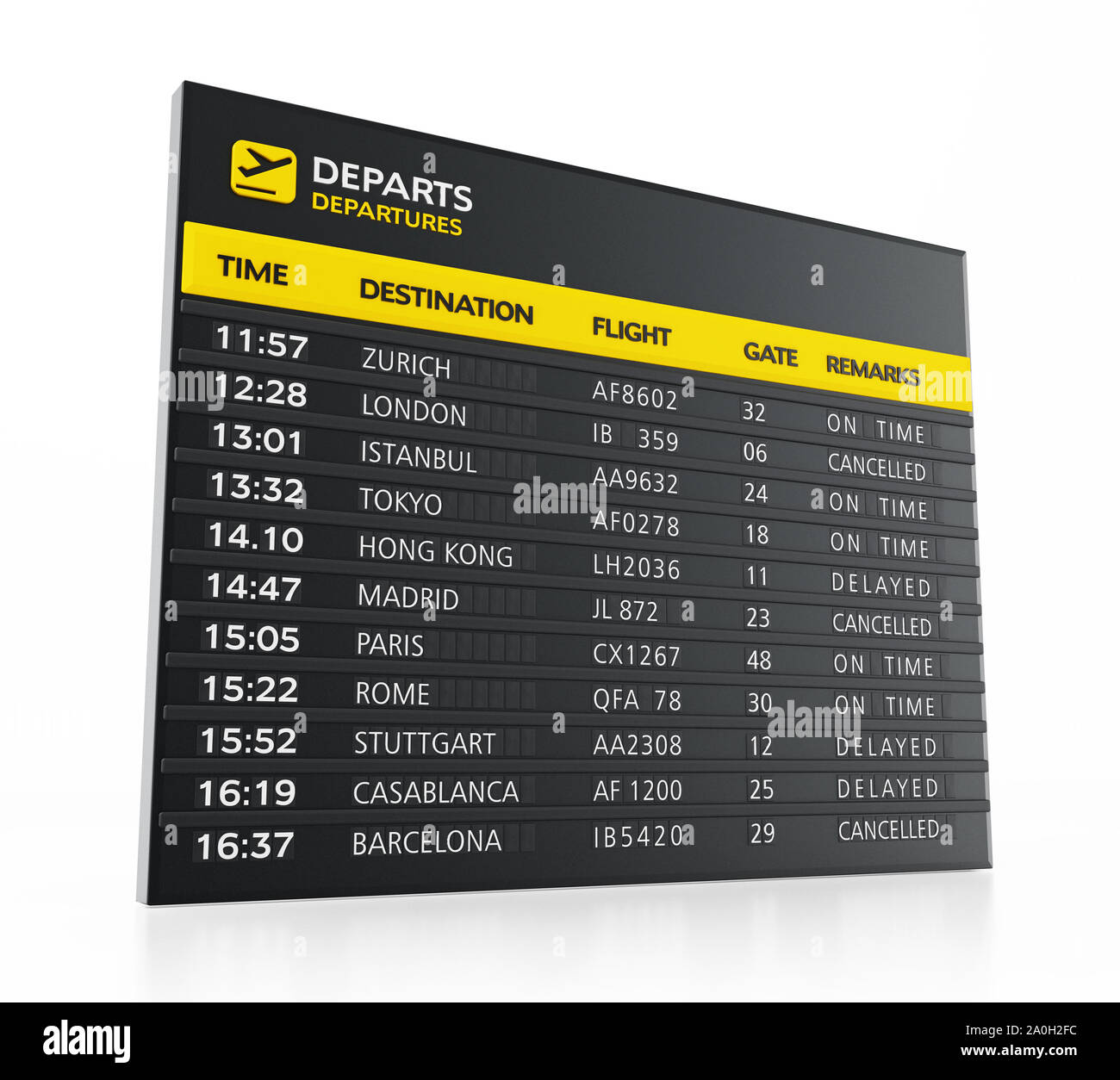 Airport boarding sign isolated on white background. 3D illustration. Stock Photo