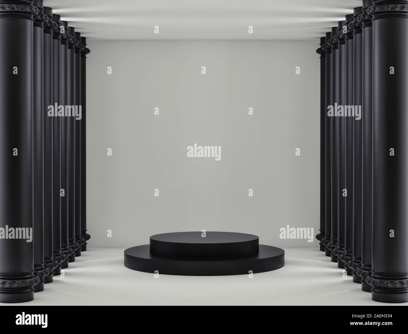 Empty light room with white brick walls and black columns. 3d rendering Stock Photo