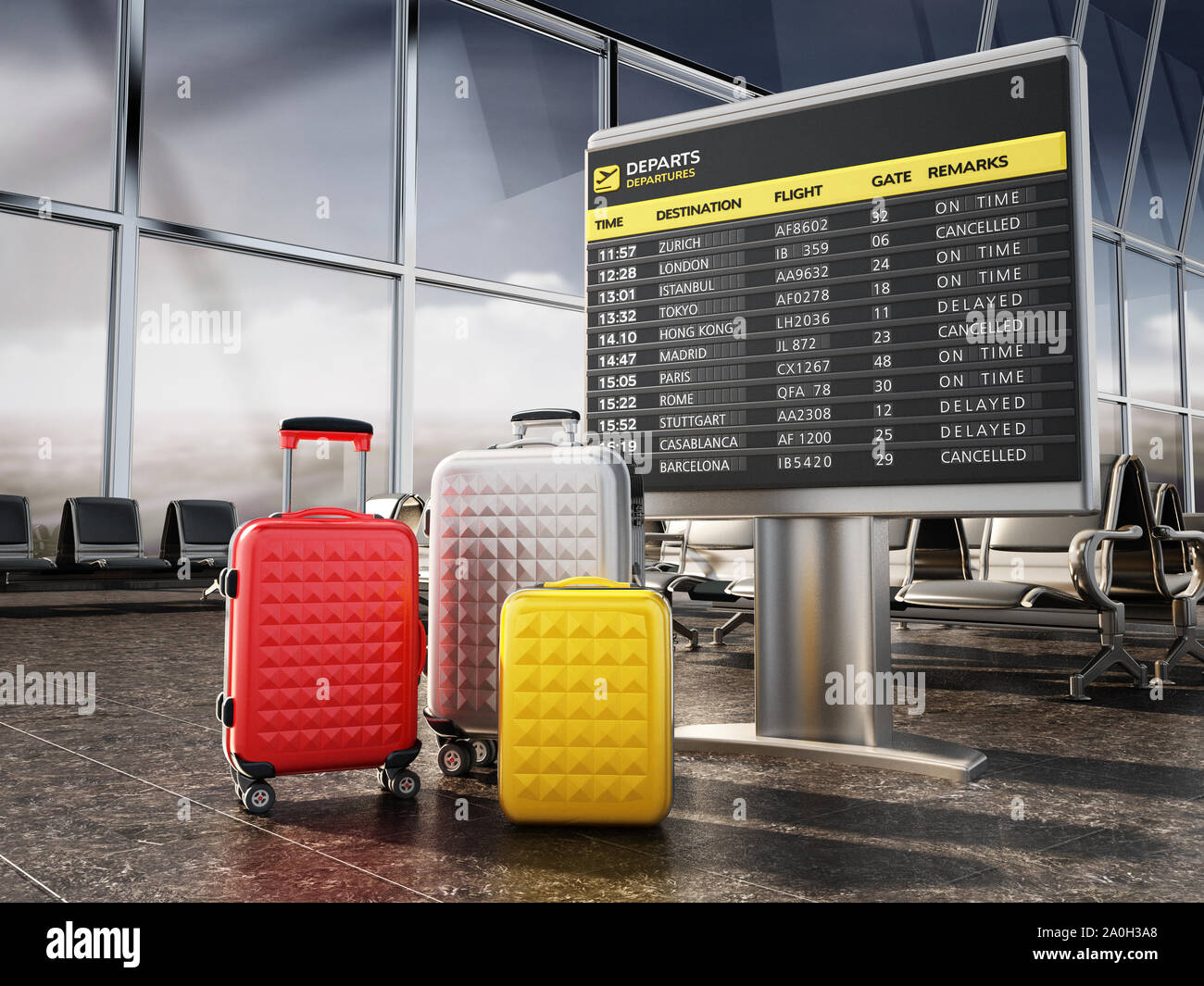 Airport boarding sign, and luggages inside airport waiting room. 3D illustration. Stock Photo