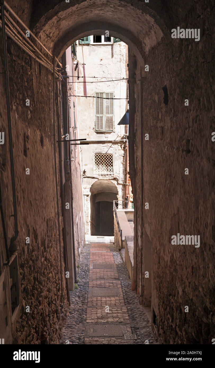 Narrow alley in Ventimiglia old town, Liguria, Italy, Europe Stock Photo