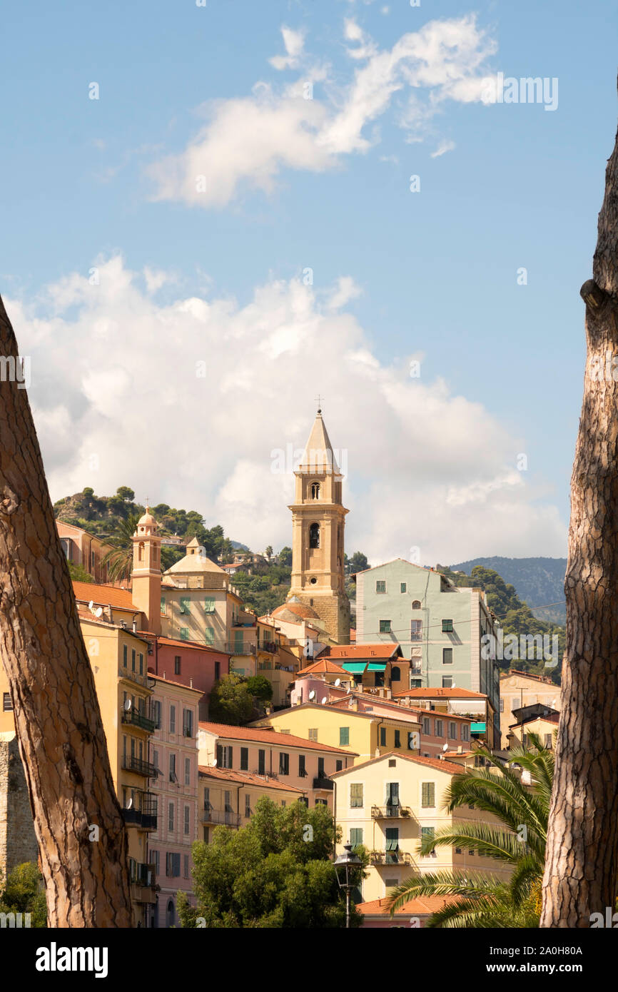 The old town of Ventimiglia framed by trees, Liguria, Italy, Europe Stock Photo