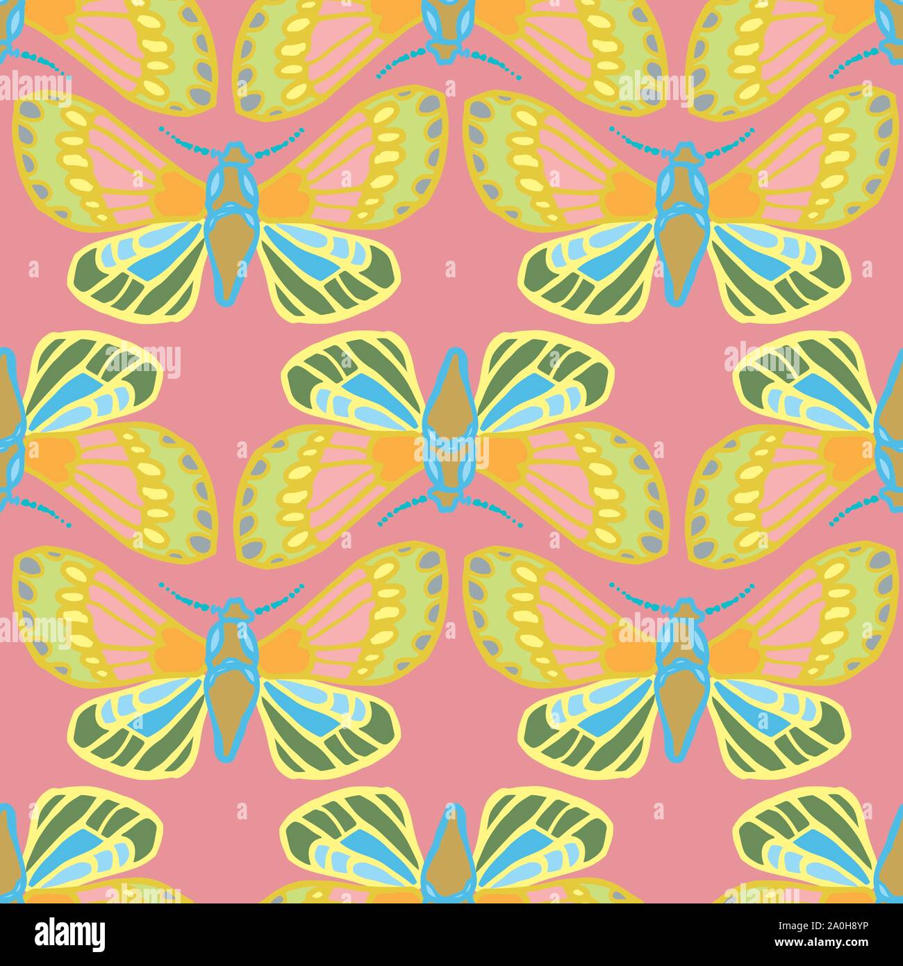 Colorful exotic butterfly pattern. Hand drawn butterfly in a row on pink backgpound. For fashion, fabric, wallpaper, packaging design, stationary. Stock Vector