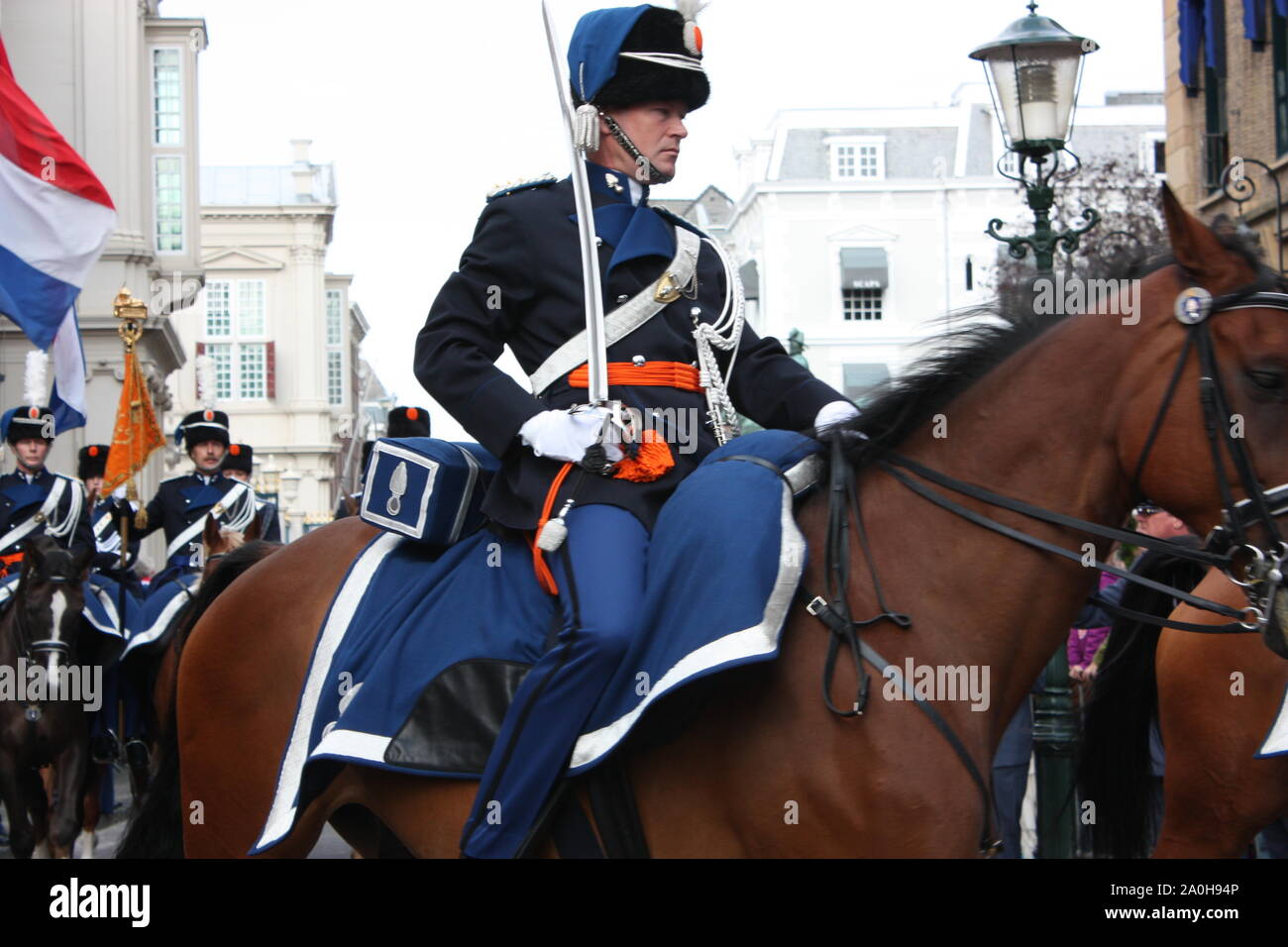 Cavalry riding at Prinsjesdag (annual presentation of Government Policy to The Parliament by Queen Beatrix) in The Hague, Holland, Netherlands. Stock Photo