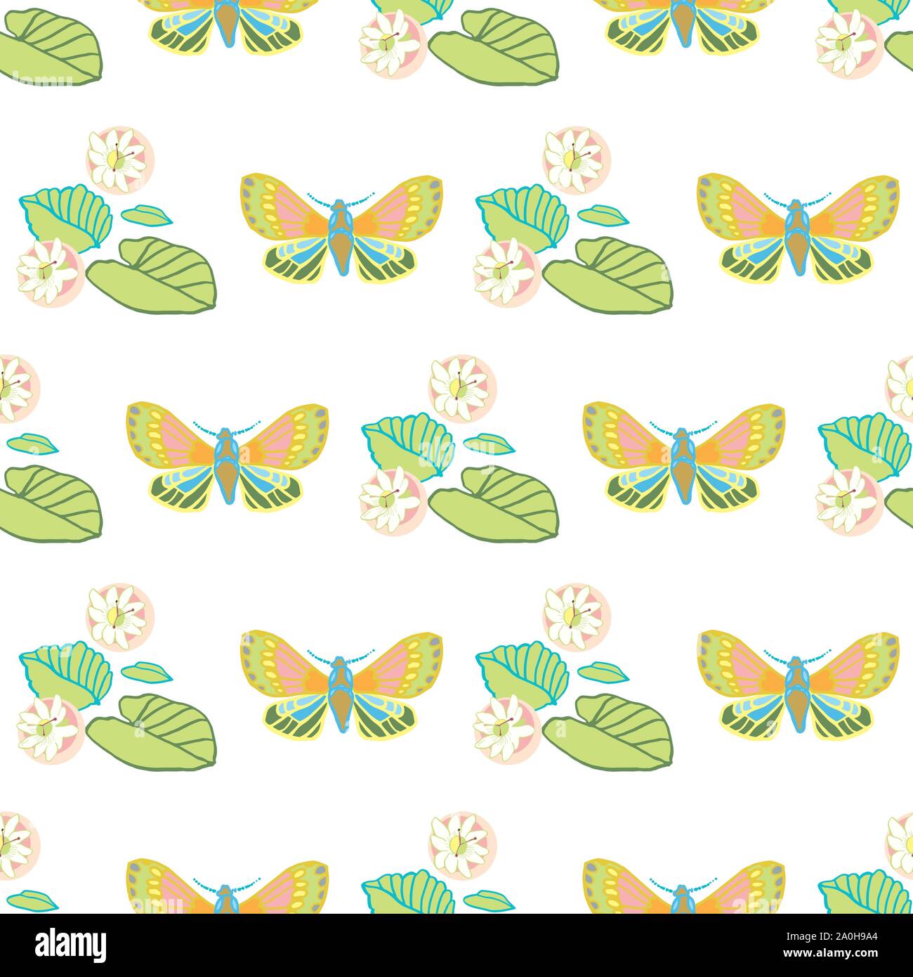 Pastel exotic jungle flamingo geometric seamless summer pattern. Boanical leaf and butterfly in pastel green and pink tones. For fashion, fabric, wallpaper, packaging design, stationary. Stock Vector