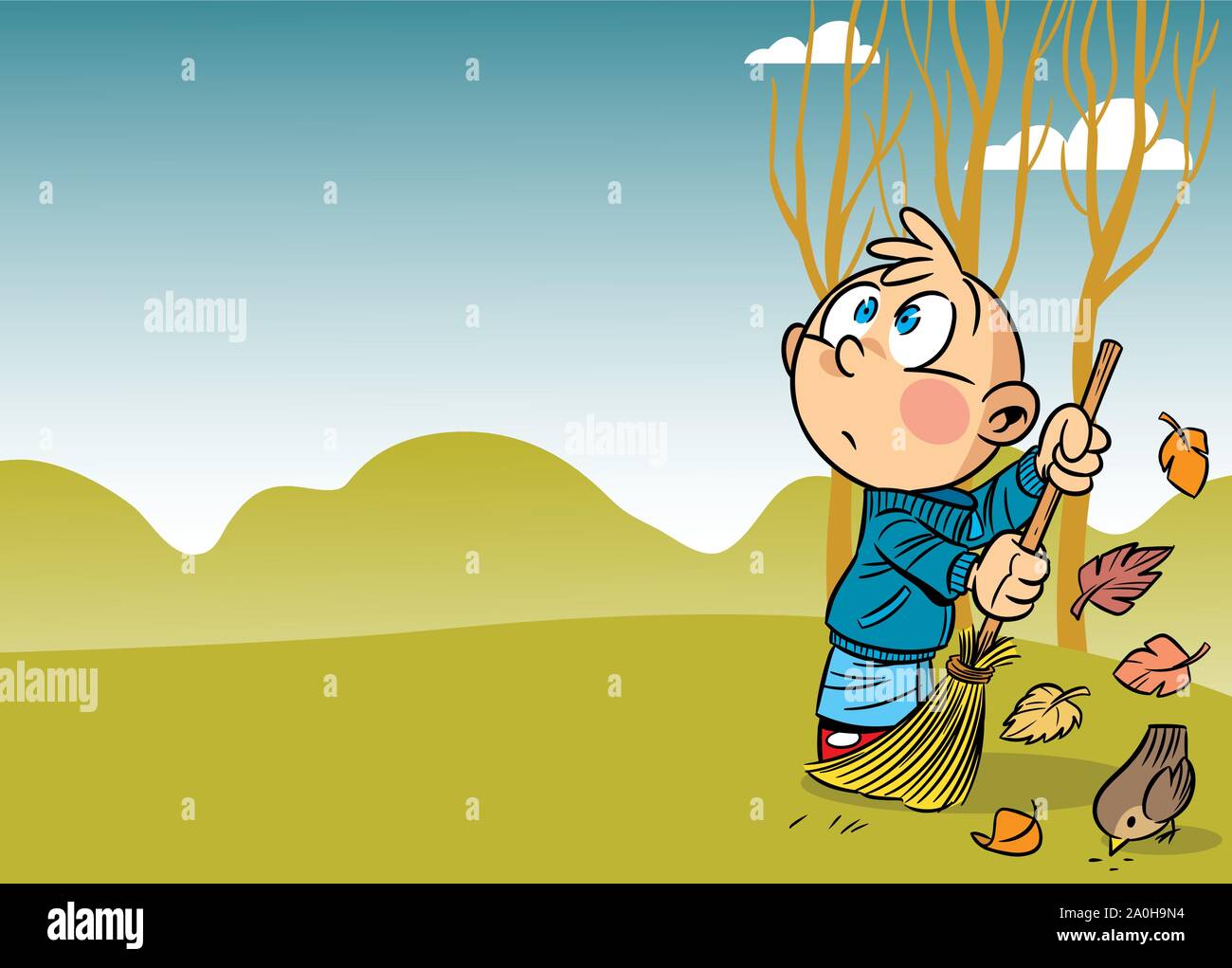 Vector background for the text, on which the boy cleaning autumn leaves. Stock Vector