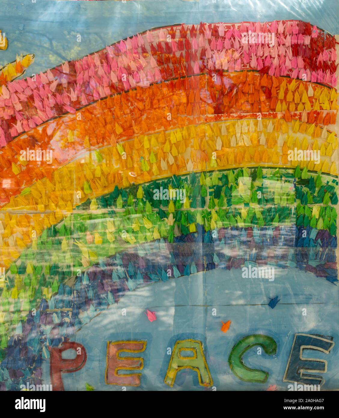 Origami cranes folded by children write Peace, Peace, Children's Peace Monument, Children's Peace Monument, Hiroshima Peace Park, Peace Memorial Stock Photo