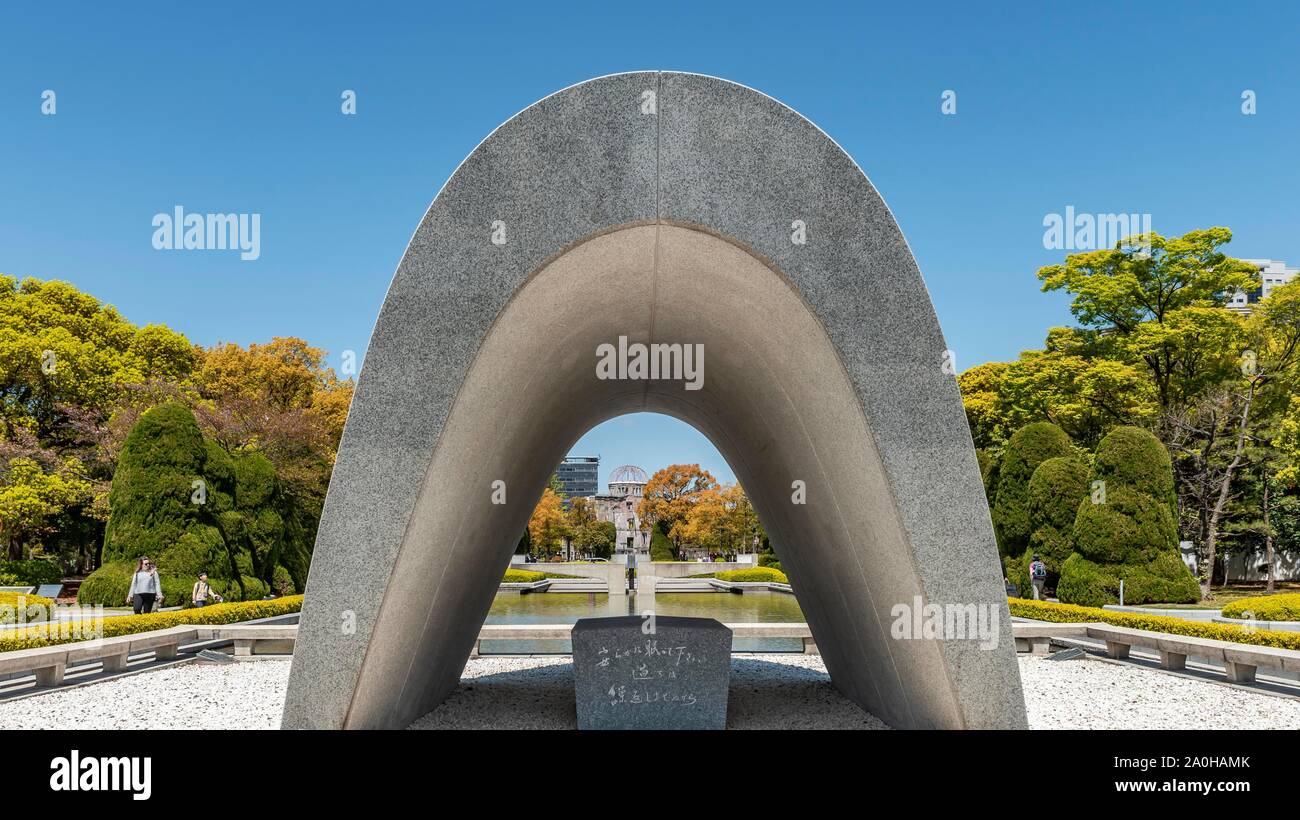 Cenotaph for the victims of the atomic bomb, Hiroshima Victims Memorial Cenotaph, Hiroshima Peace Park, Peace Memorial Park, Hiroshima, Japan Stock Photo