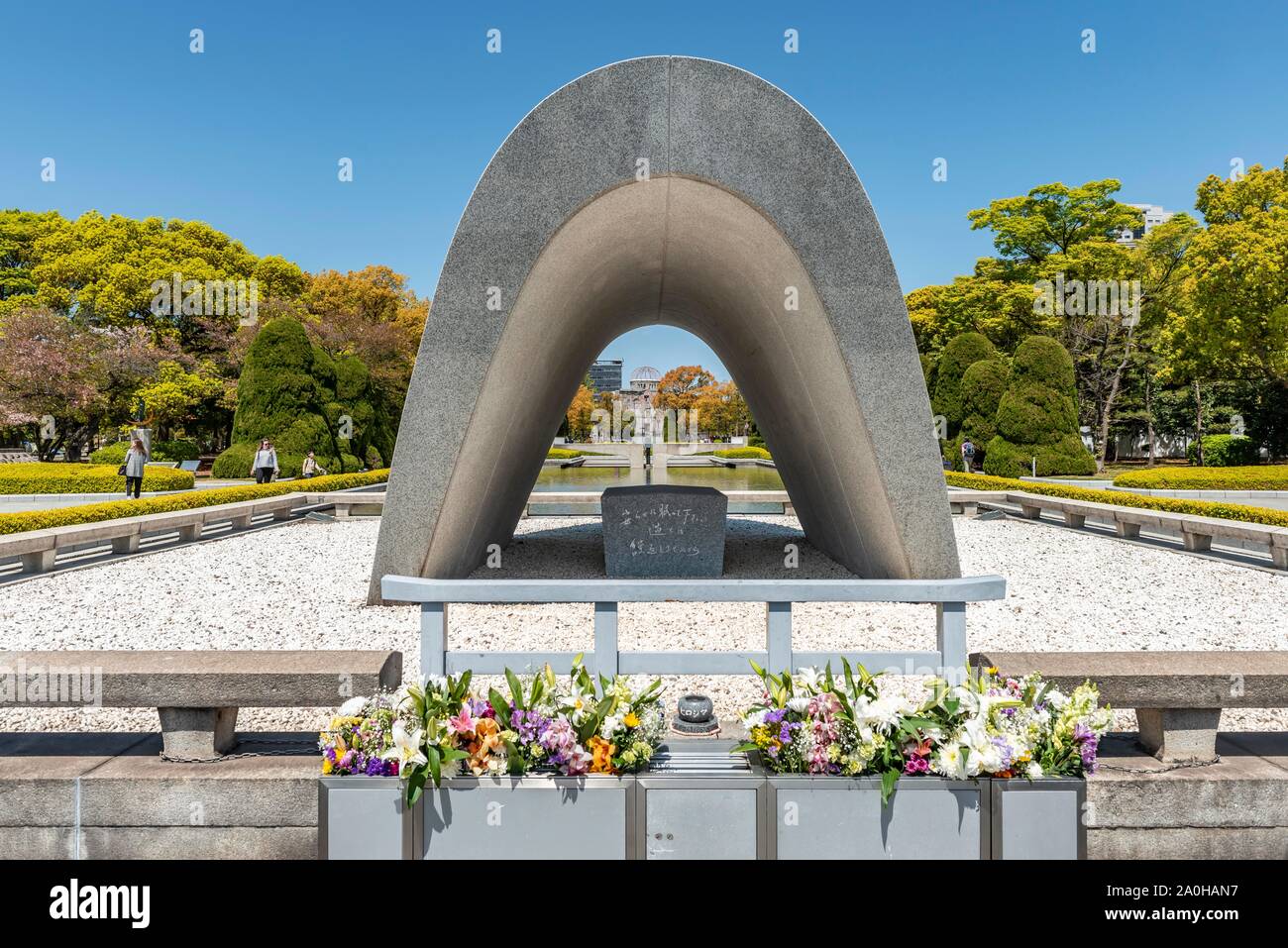 Cenotaph for the victims of the atomic bomb, Hiroshima Victims Memorial Cenotaph, Hiroshima Peace Park, Peace Memorial Park, Hiroshima, Japan Stock Photo