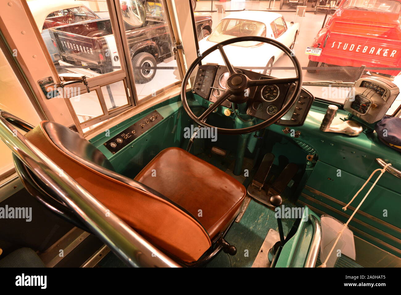 Drivers seat of a vintage American bus Stock Photo - Alamy