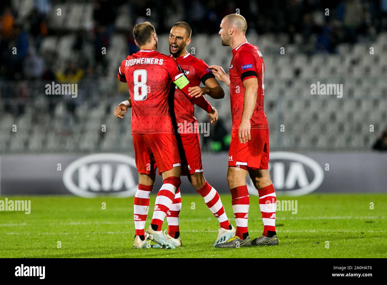 Belgrade Serbia 19th Sep 2019 Teun Koopmeiners Of Az Alkmaar Pantelis Hatzidiakos Of Az Alkmaar And Ron Vlaar Of Az Alkmaar Celebrate The Draw At The End Of The Match Credit Nikola