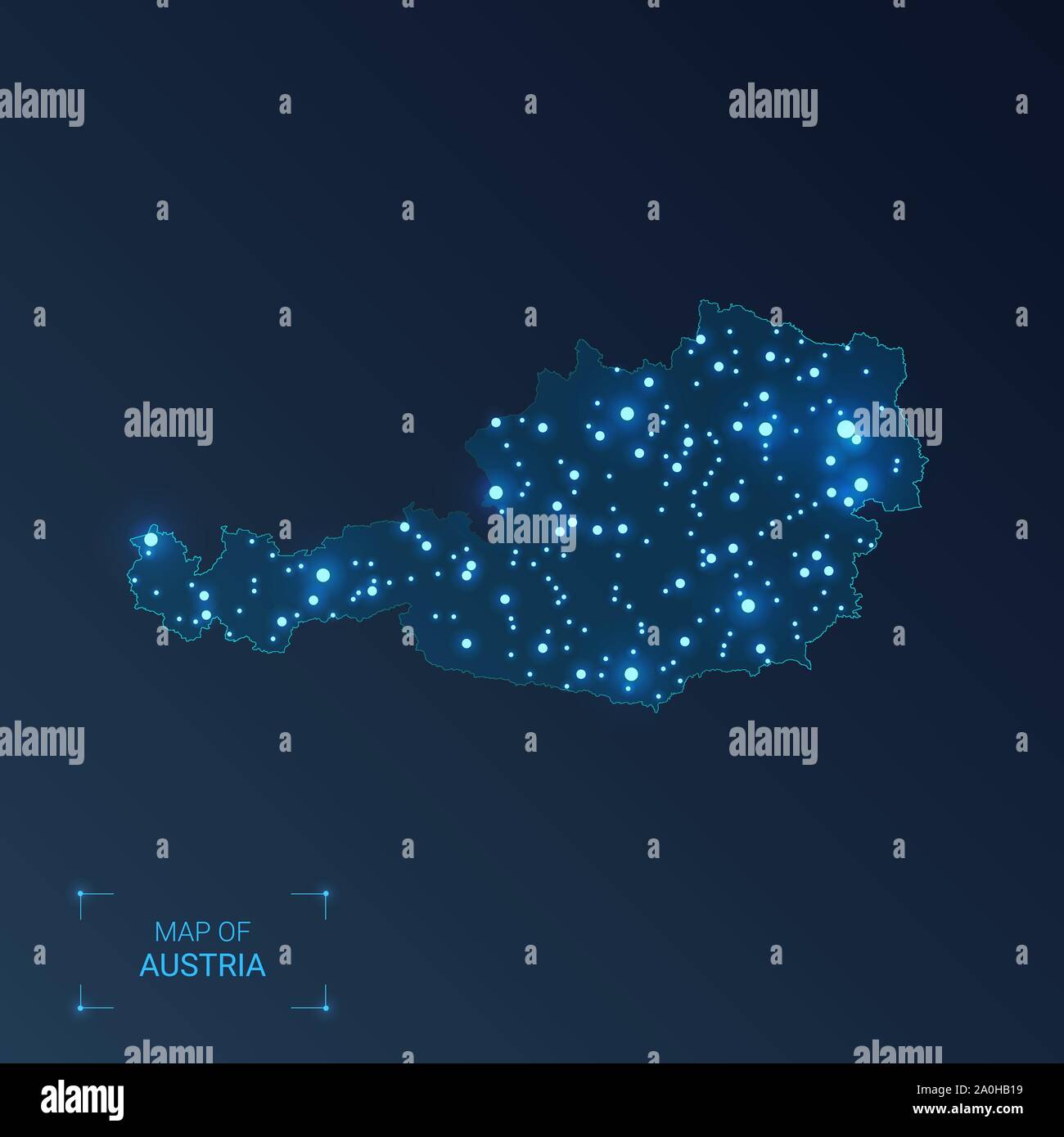 Austria map with cities. Luminous dots - neon lights on dark background. Vector illustration. Stock Vector