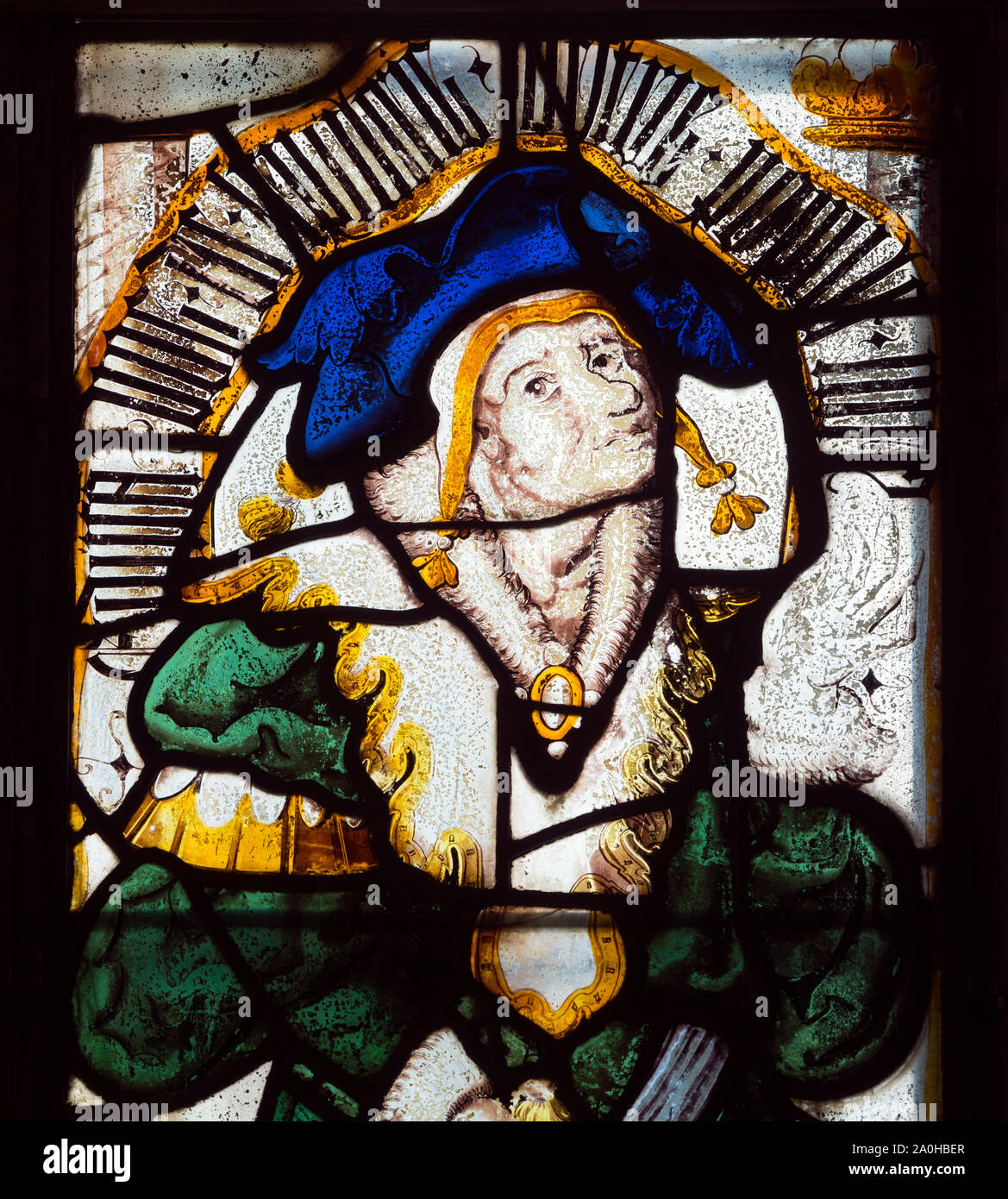 Medieval stained glass in Withcote Chapel, Leicestershire, England, UK Stock Photo