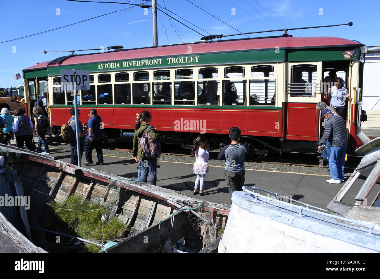 River front trolley bus / train / tram Stock Photo Alamy
