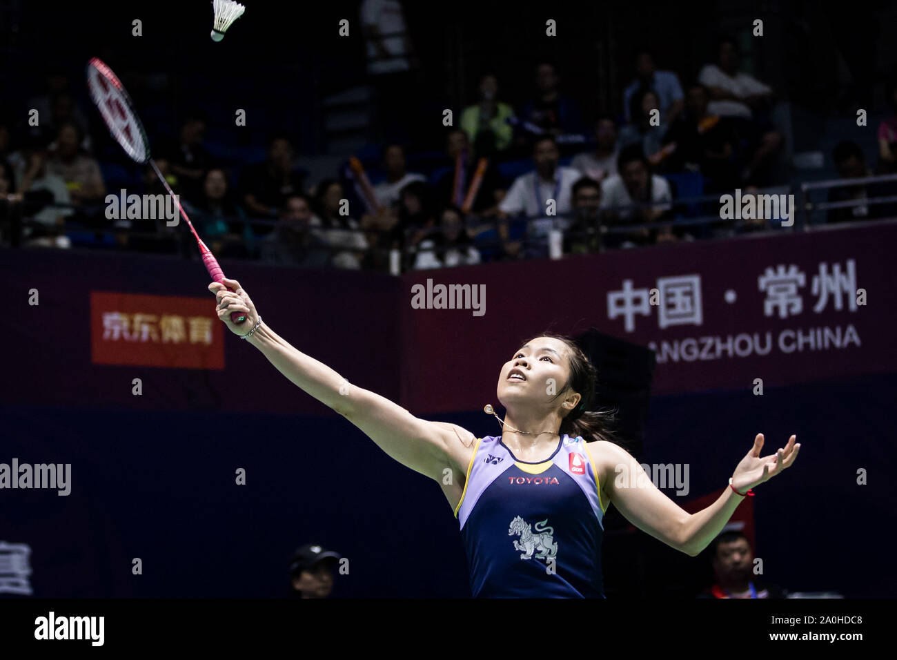Thai professional badminton player Ratchanok Intanon competes against Japanese professional badminton player Sayaka Takahashi at the quarterfinal of women's single of VICTOR China Open 2019, in Changzhou city, east China's Jiangsu province, 20 September 2019. Japanese professional badminton player Sayaka Takahashi defeated Thai professional badminton player Ratchanok Intanon with 2-1 at the quarterfinal of women's single of VICTOR China Open 2019, in Changzhou city, east China's Jiangsu province, 20 September 2019. Stock Photo