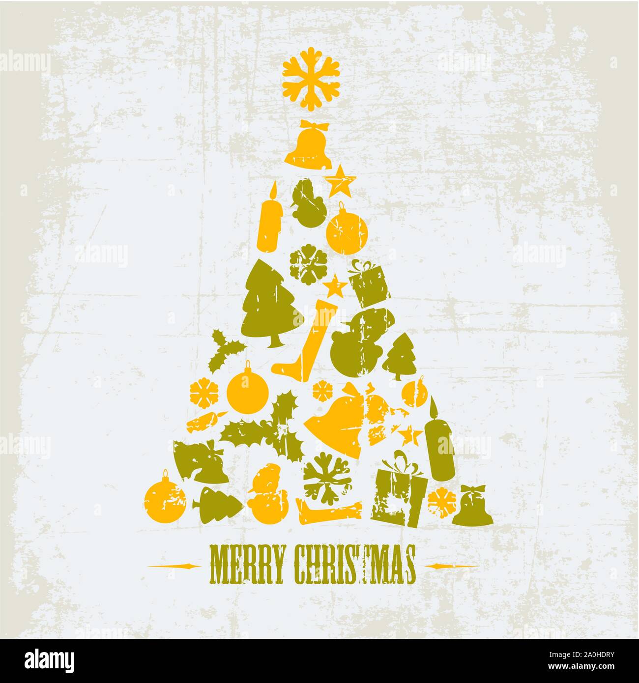 Vintage Vector Grunge Christmas tree made from various shapes (yellow ...