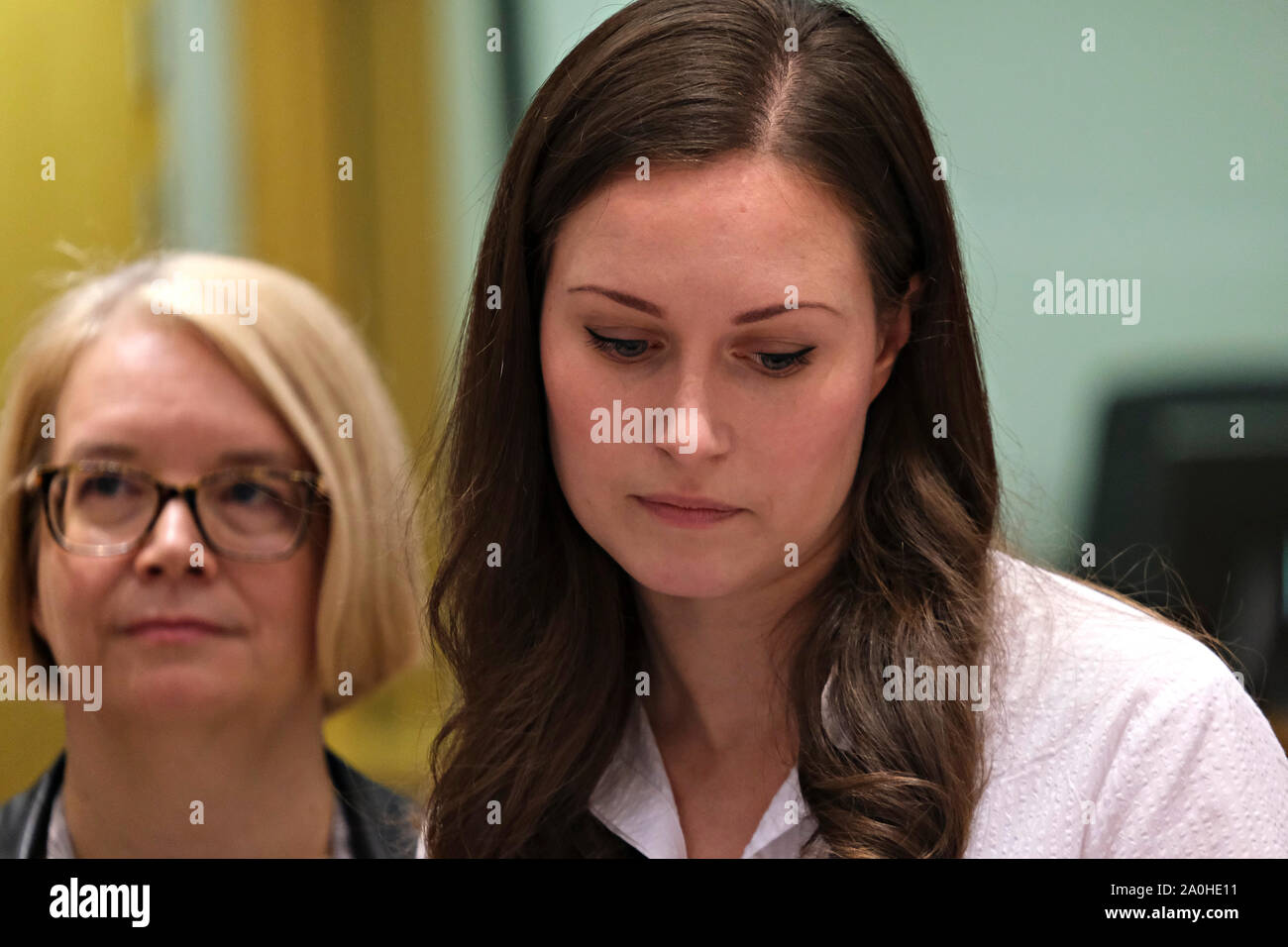 Brussels, Belgium. 20th September 2019.  Finnish Minister of Transport and Communications Sanna Marin during an European Transport, Telecommunications and Energy (TTE) Council. Credit: ALEXANDROS MICHAILIDIS/Alamy Live News Stock Photo