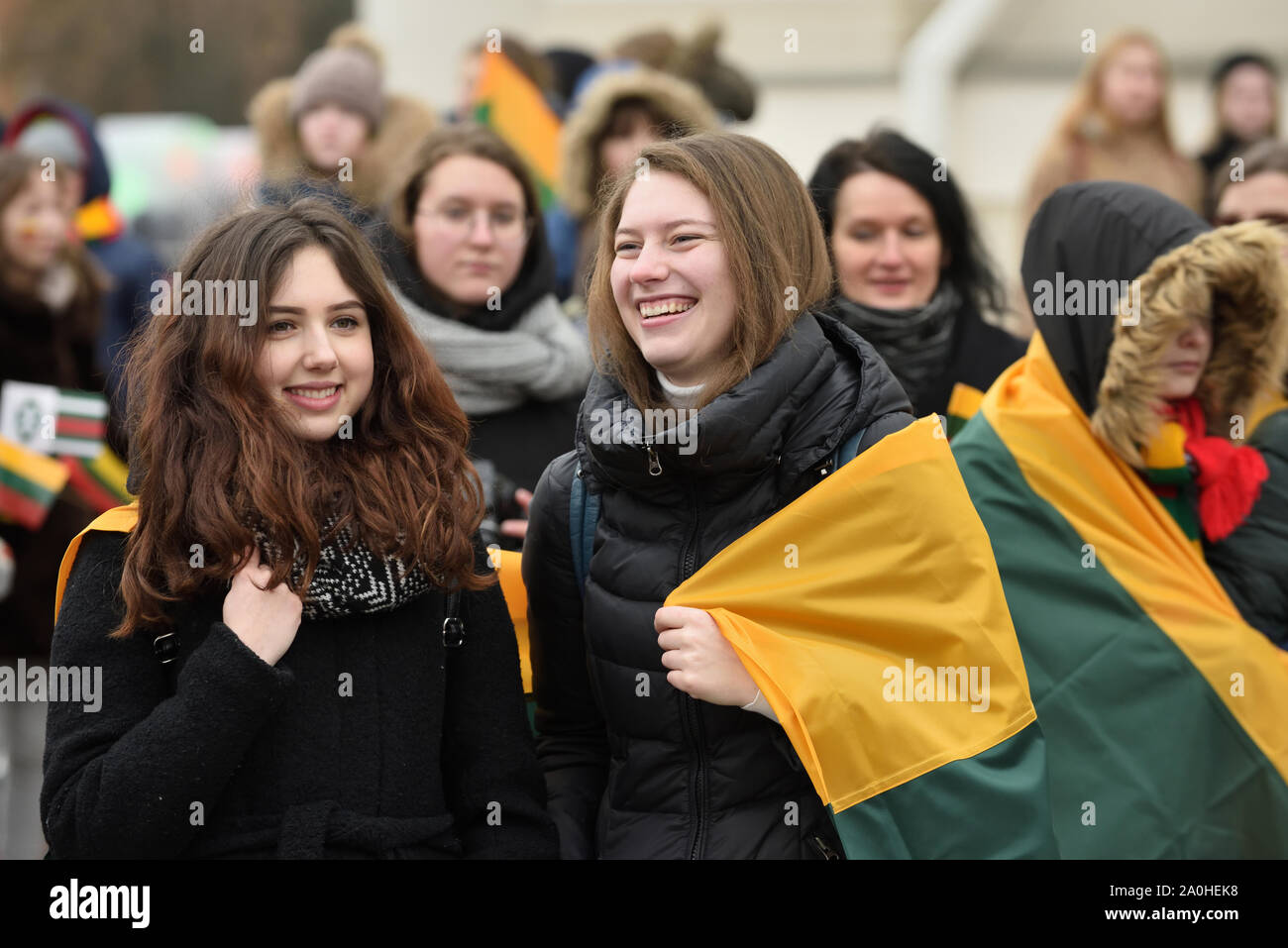 Vilnius, Lithuania - February 16: unidentified people gathered with flags in a natonal celebration for the Day of Independence of Lithuania on Februar Stock Photo