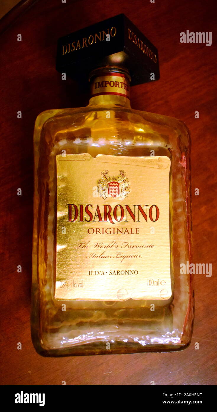 disaronno, bottle, drink, liquer, brown, background Stock Photo