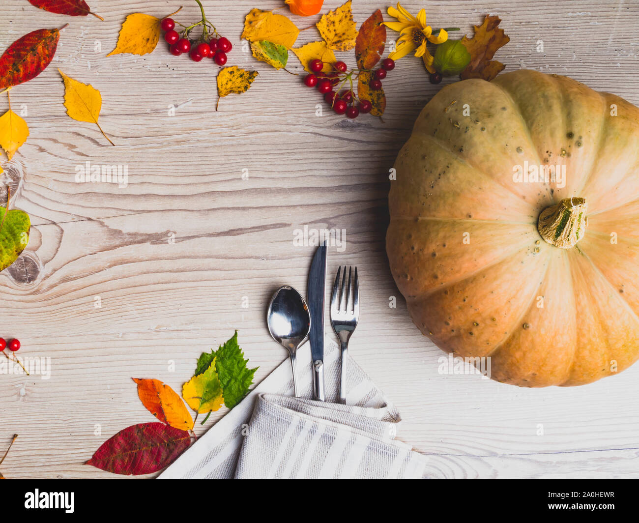 Autumn table setting, background from fallen leaves,apple.physalis, berries with vintage place setting on wooden table. Thanksgiving day concept Stock Photo