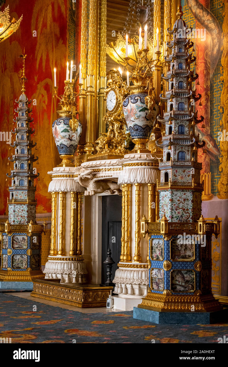 Brighton, East Sussex, UK. 20 September 2019.  The finishing touches are made to a new exhibition opening at the Royal Pavilion in Brighton. The exhibition called ‘A Prince’s Treasure: from Buckingham Palace to the The Royal Pavilion, The Royal Collection Returns To Brighton’ runs for two years. Pictured are items in the music room. Credit: Jim Holden/Alamy Live News Stock Photo