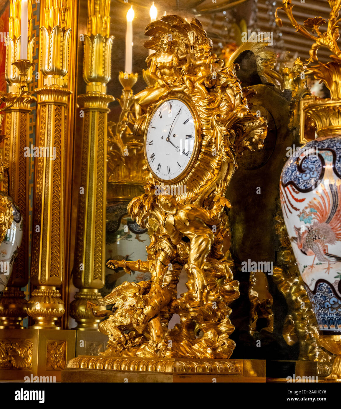 Brighton, East Sussex, UK. 20 September 2019.  The finishing touches are made to a new exhibition opening at the Royal Pavilion in Brighton. The exhibition called ‘A Prince’s Treasure: from Buckingham Palace to the The Royal Pavilion, The Royal Collection Returns To Brighton’ runs for two years. Pictured are items in the music room. Credit: Jim Holden/Alamy Live News Stock Photo