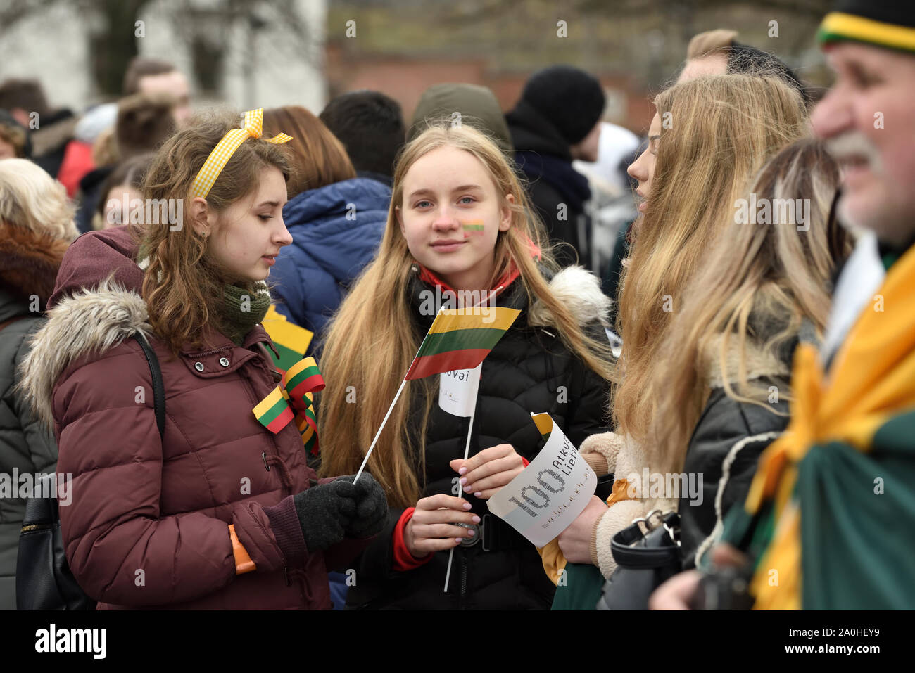 Vilnius, Lithuania - February 16: unidentified people gathered with flags in a natonal celebration for the Day of Independence of Lithuania on Februar Stock Photo