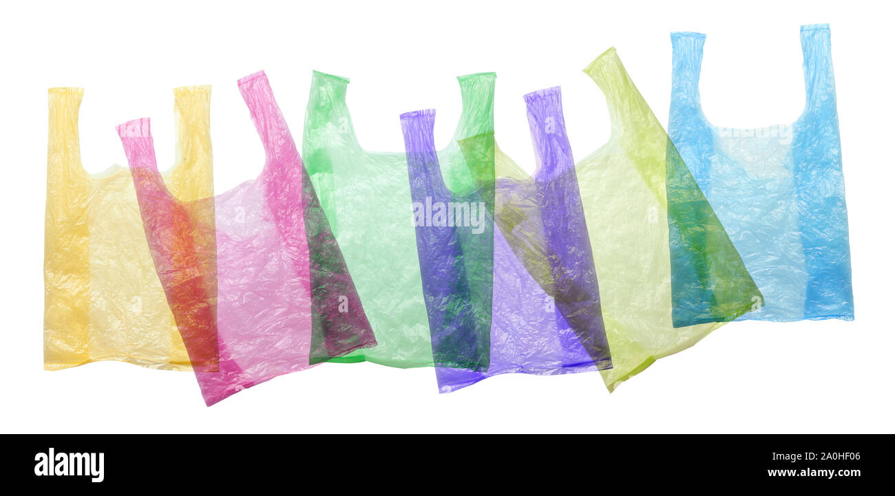 Colored plastic bags isolated against a white background. Environmental