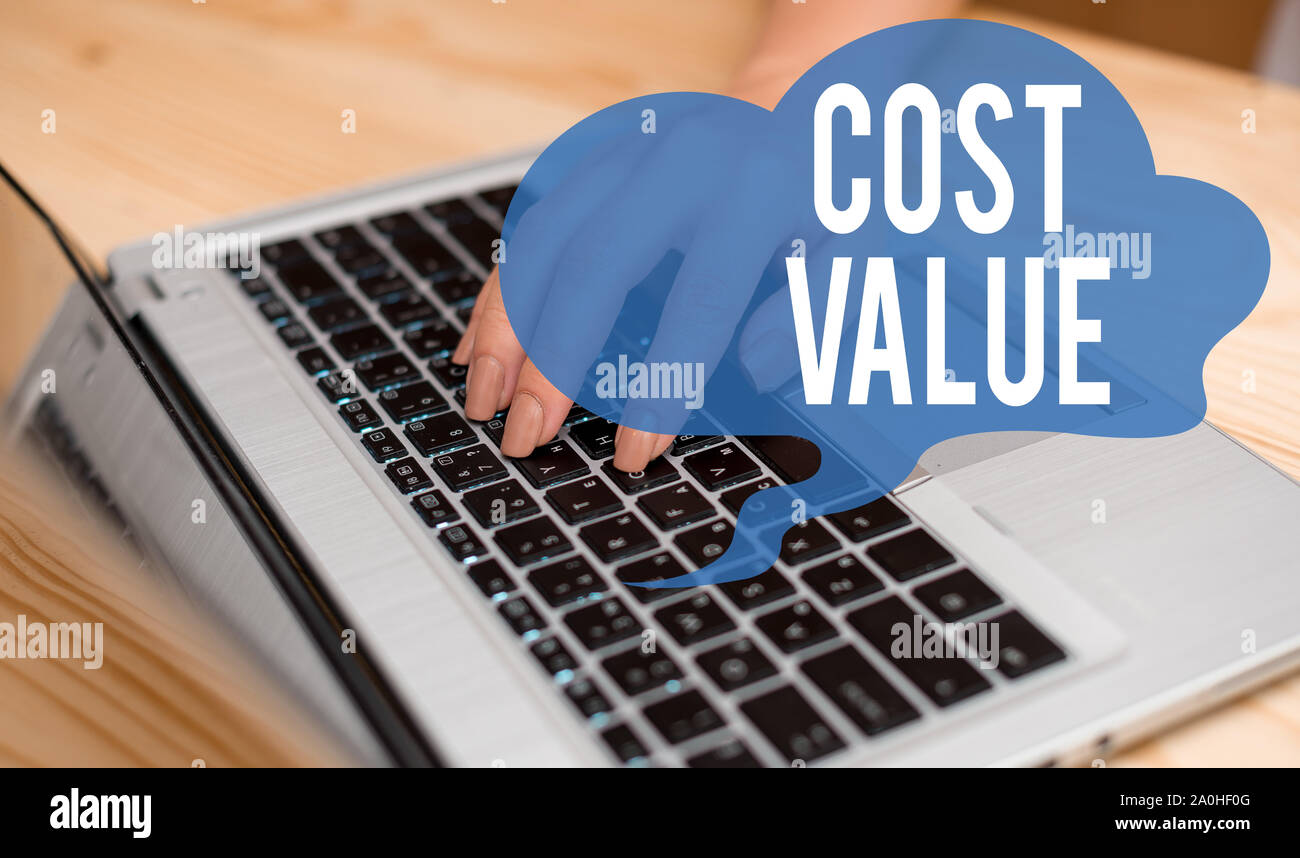 Conceptual hand writing showing Cost Value. Concept meaning The amount that usualy paid for a item you buy or hiring a demonstrating woman with laptop Stock Photo