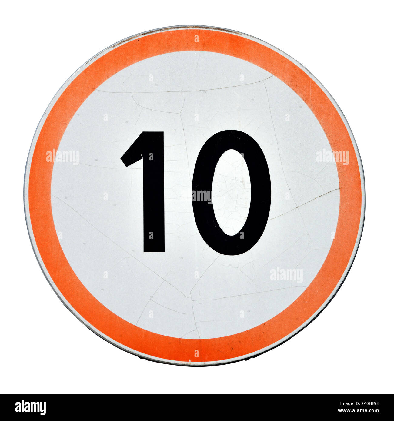 Speed limit, old road sign isolated on white background Stock Photo
