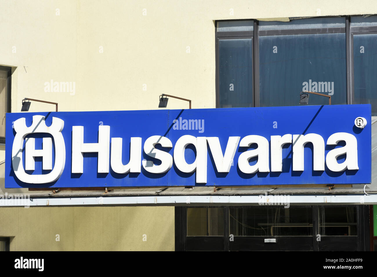 Vilnius, Lithuania - April 02: Husqvarna brand logotype in Vilnius on April 02, 2019. Husqvarna is swedish a manufacturer of robotic mowers, garden tr Stock Photo