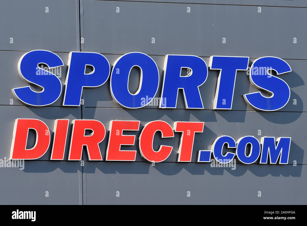 Vilnius, Lithuania - April 02: Sports Direct logotype in Vilnius on April 02, 2019. Sports Direct is sports-goods retailer and operates roughly 670 st Stock Photo
