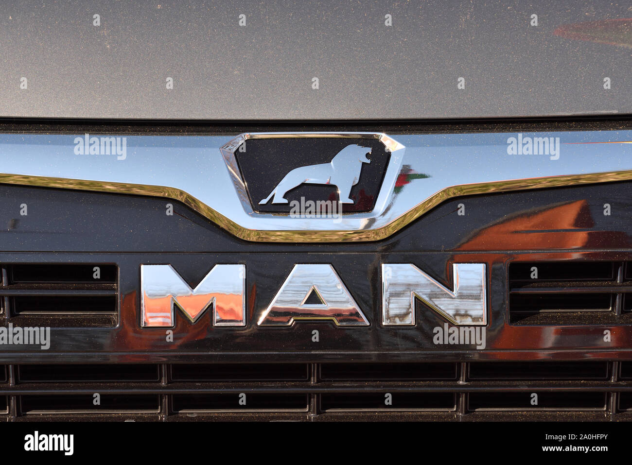 Kaunas, Lithuania - April 04:MAN logotype on a truck in Kaunas on April 04, 2019.  MAN AG is a German mechanical engineering company Stock Photo