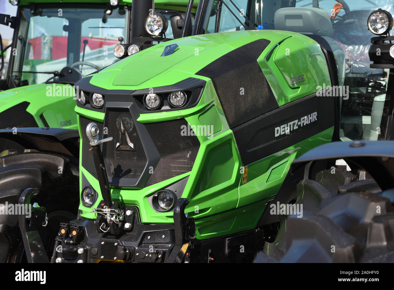 Kaunas, Lithuania - April 04: Deutz-Fahr tractors and logo in Kaunas on April 04, 2019. Deutz-Fahr is a brand of tractors and other farm equipment Stock Photo