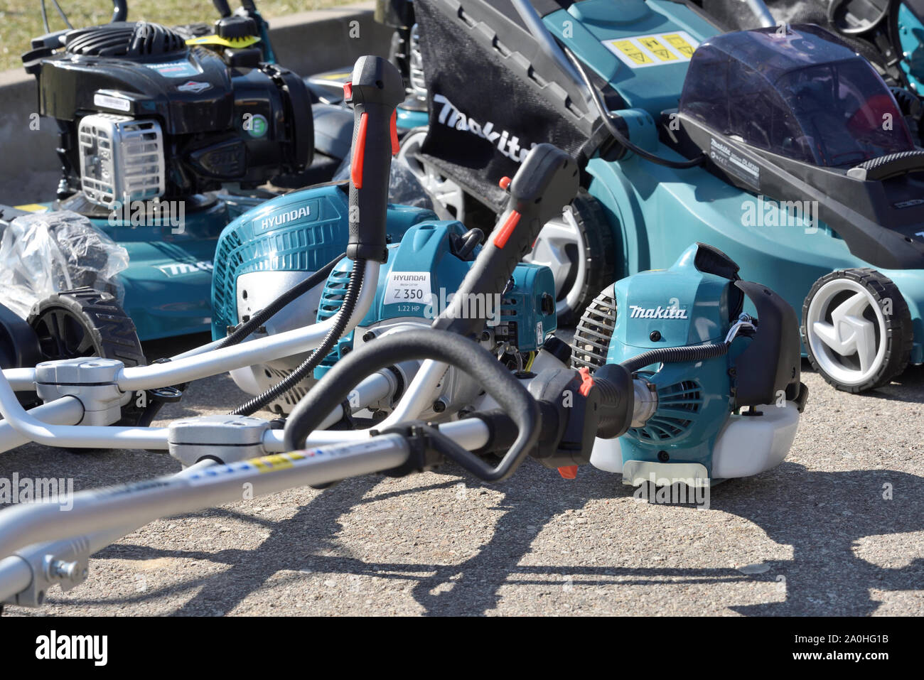 Kaunas, Lithuania - April 04: Makita String Trimmers and logo in Kaunas on April 04, 2019. Makita Corporation founded on March 21, 1915 it is based in Stock Photo