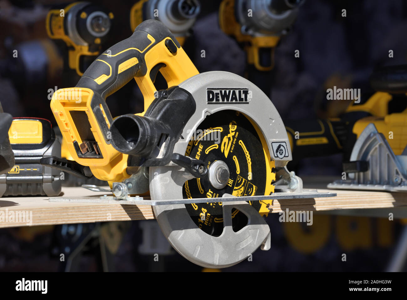 Kaunas, Lithuania - April 04: DeWalt power tools in Kaunas on April 04, 2019. DeWalt is an American worldwide brand of power tools and hand tools for Stock Photo