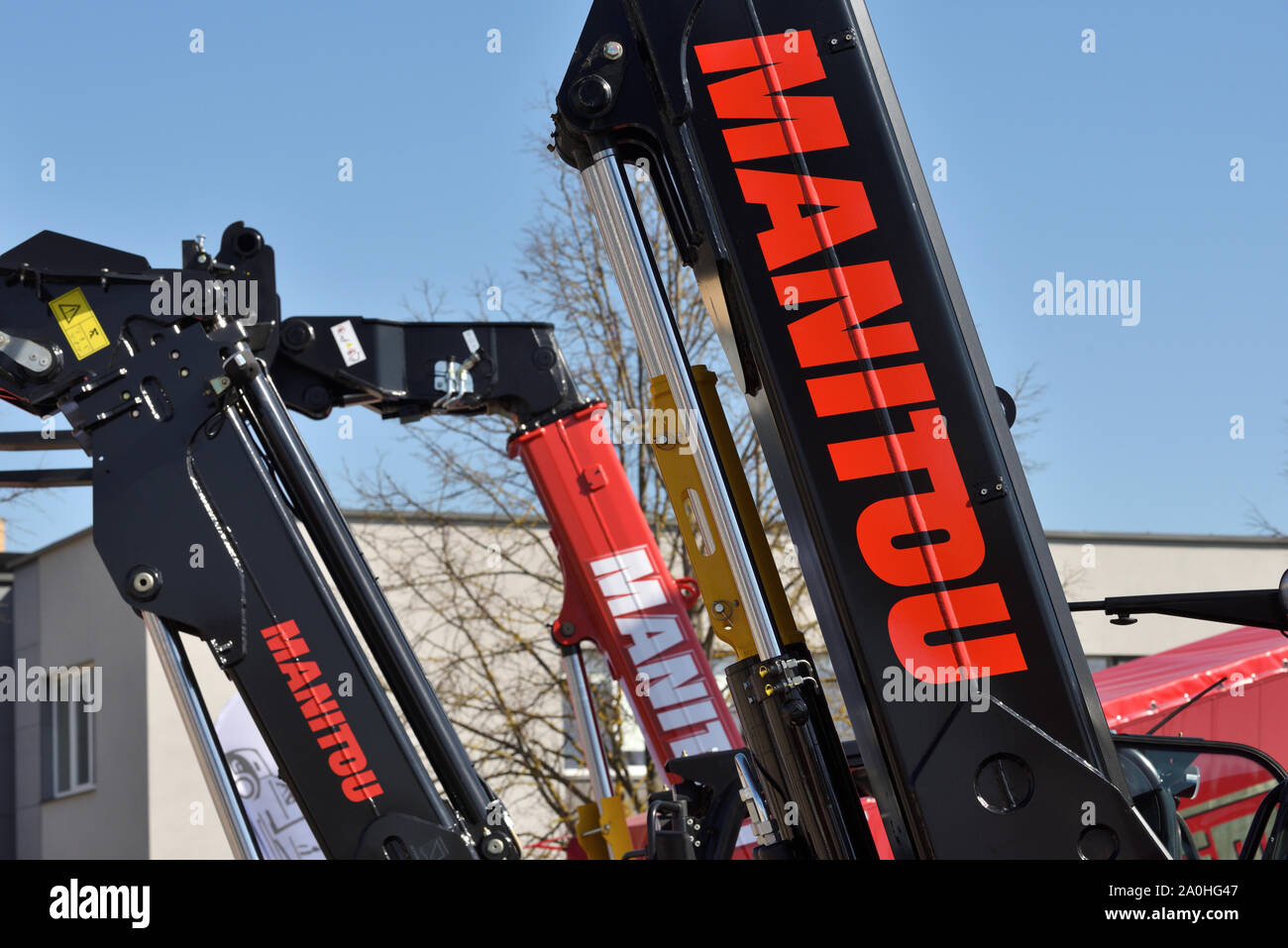 Kaunas, Lithuania - April 04: Manitou forklift tractor detail and logo in Kaunas on April 04, 2019. Manitou is a firm that makes fork lifts, cherry pi Stock Photo