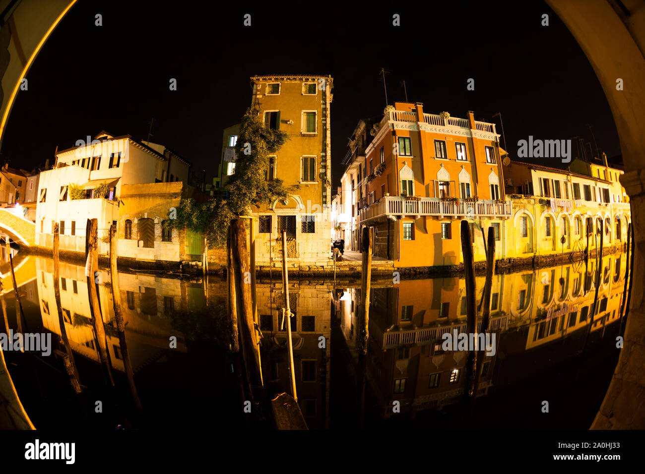 Front view on house and canal Vena. Chioggia, Venice, Veneto. Italy. Canon EOS 5D Mark II EF 15 mm F2,8 ISO 200 Stock Photo