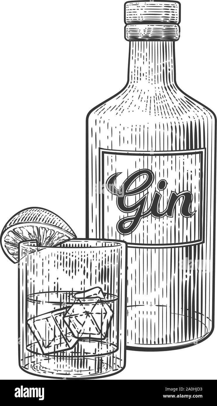 Gin Cocktail Bottle Glass and Ice Vintage Woodcut Stock Vector