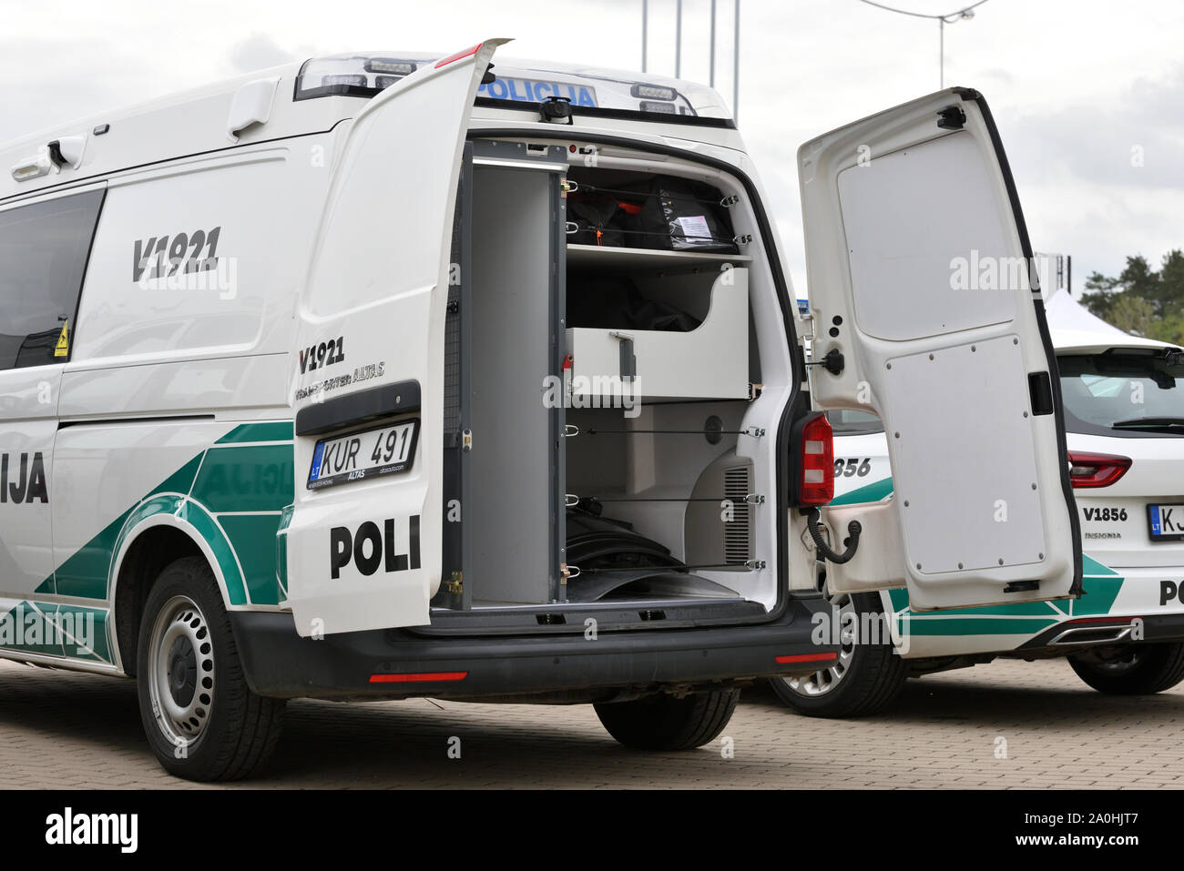 Vilnius, Lithuania - May 10: Police cars on May 10, 2019 in Vilnius, Lithuania. Vilnius is the capital of Lithuania and its largest city. Stock Photo