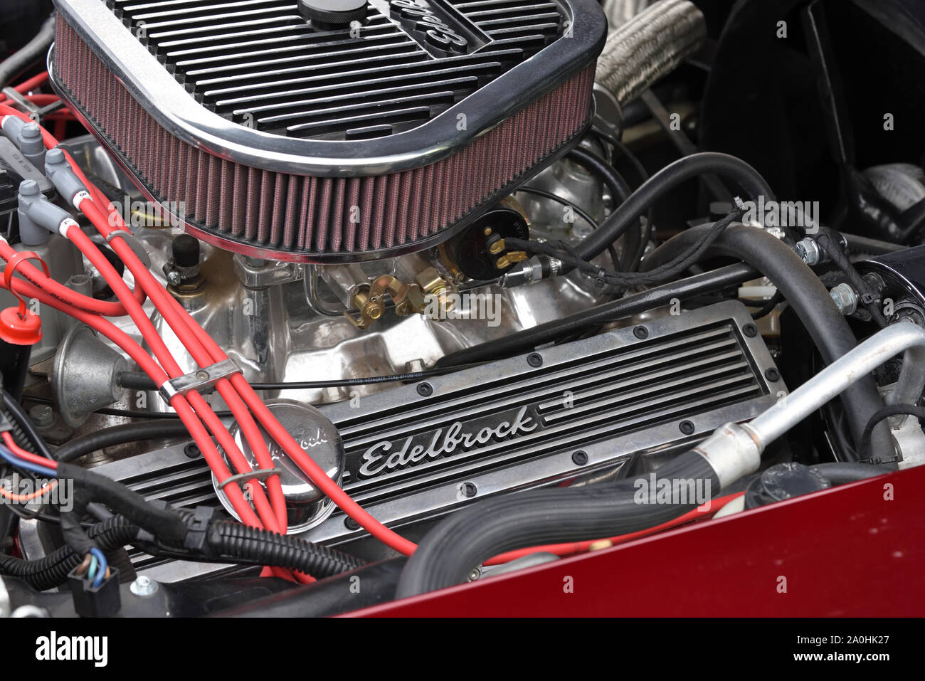 Vilnius, Lithuania - May 10: vintage sports car Chevrolet Corvette C2 engine on May 10, 2019 in Vilnius, Lithuania Stock Photo