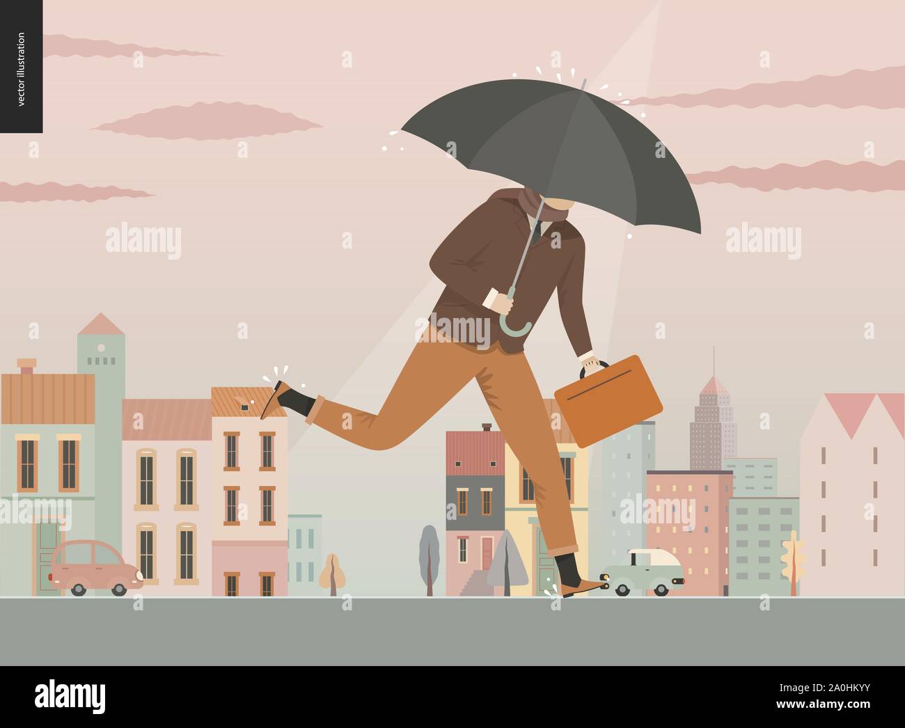 Rain - running businessman -modern flat vector concept illustration of an adult man wearing suit, with an umbrella and suitcase, running under the rai Stock Vector