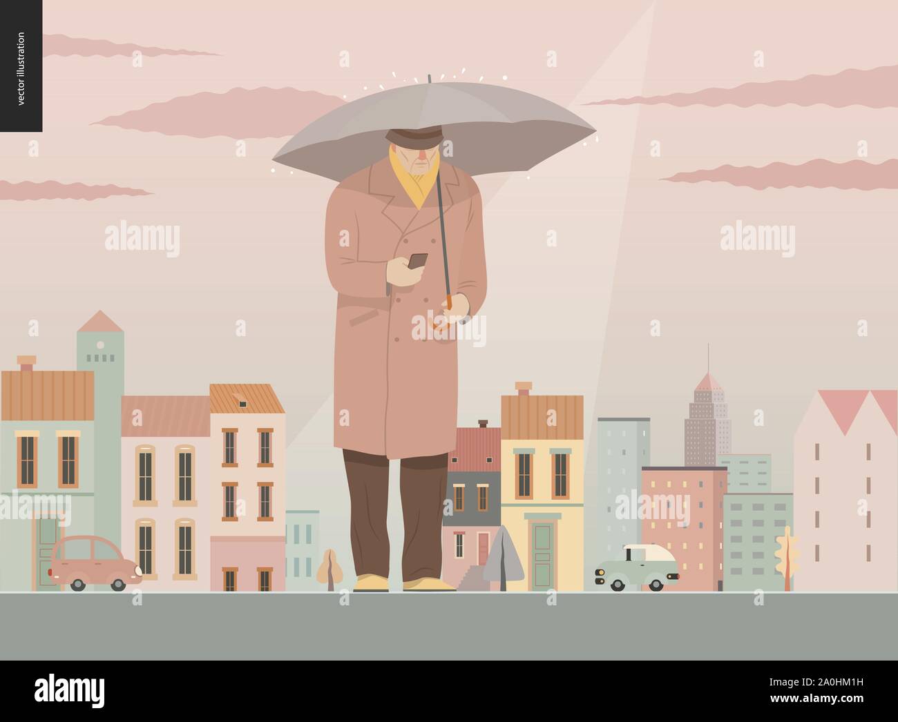 Rain - synding man -modern flat vector concept illustration of senior man wearing a coat and hat, using a phone standing with an umbrella under the ra Stock Vector