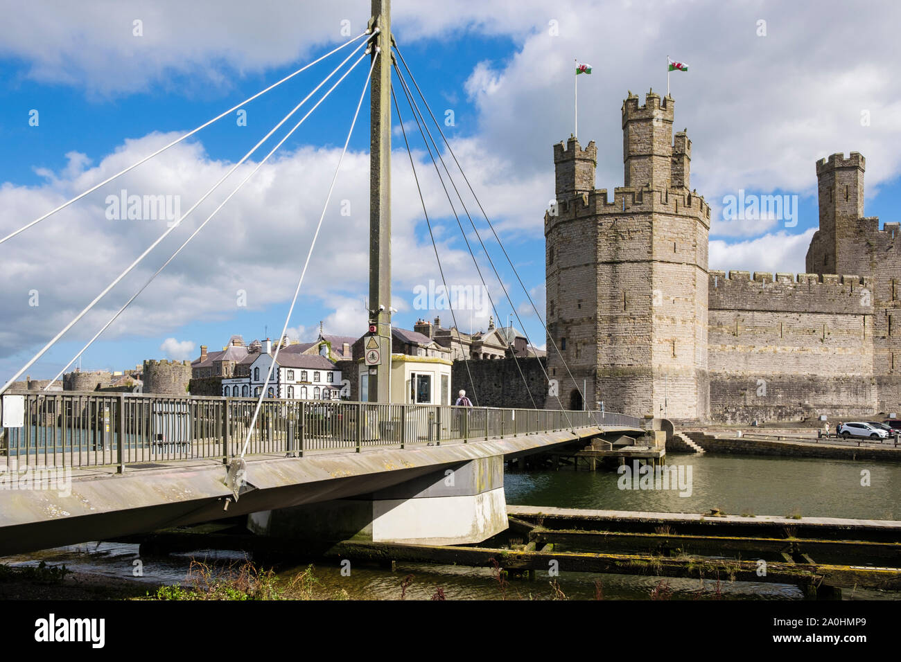 Swing Bridge across Afon Seiont River to the castle. Caernarfon, Gwynedd, Wales, UK, Britain Stock Photo