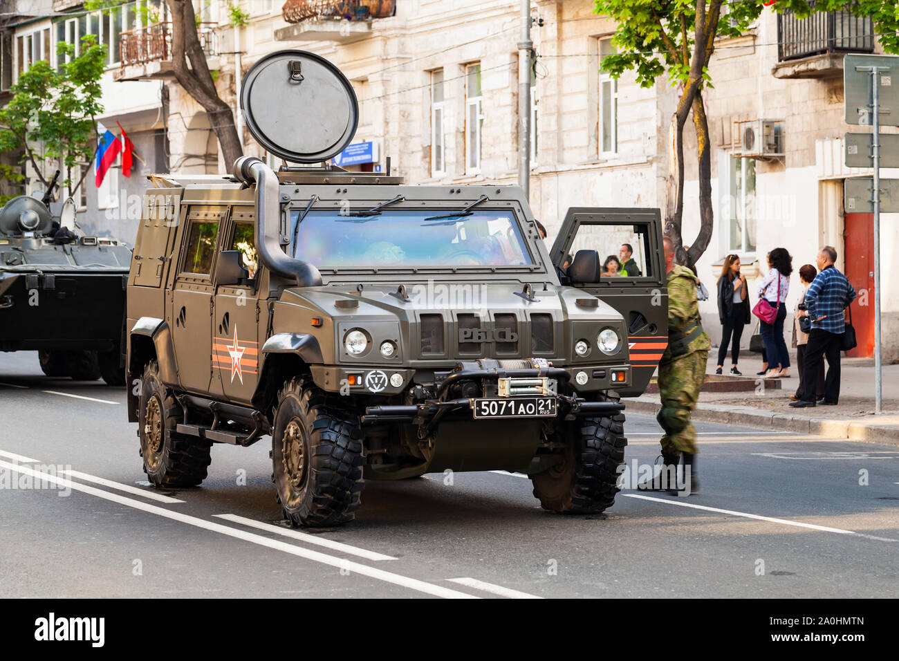 Sevastopol, Crimea - May 5, 2018: Military Iveco LMV car stands on a street. This Light Multirole Vehicle is a 4WD tactical vehicle developed by Iveco Stock Photo